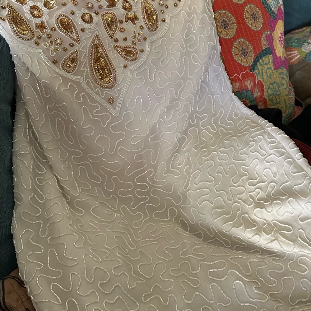 Vintage Lawrence Kazar Silk Beaded Sequined White And Gold Evening Dress Size L - Picture 7 of 7